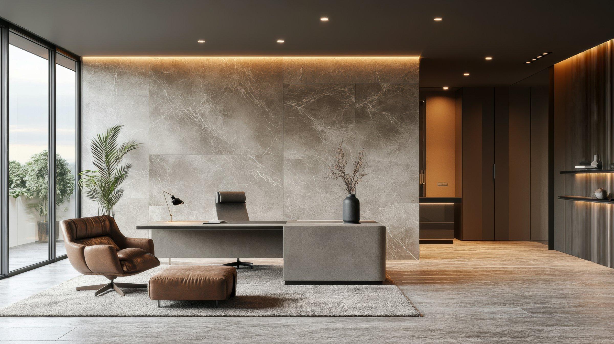 A modern executive office with marble walls, leather chair and warm wood floors